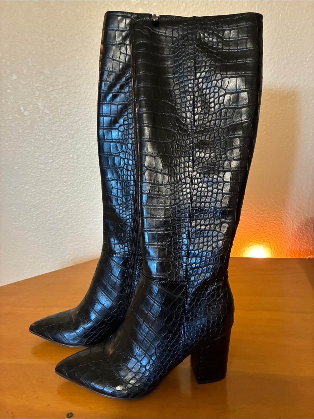 Nine West brand new Black Croc-Embossed Pointed-Toe Knee Boots
